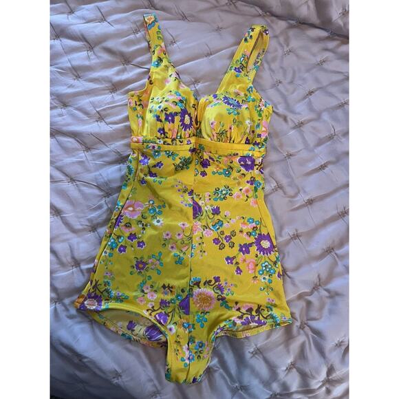 Vtg 50s 60s Peter Pan Swimwear 1 Piece Swimsuit Yellow Floral Built In Bra XS/S - Picture 1 of 9